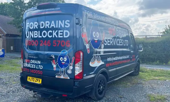 WD Drain Services van attending a blocked drain call in Wirral